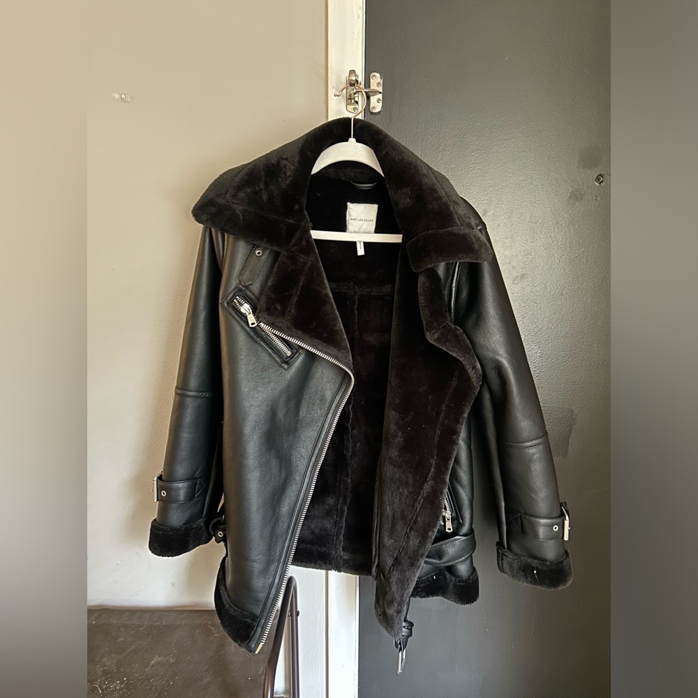 Avec les filles black leather and fur jacket